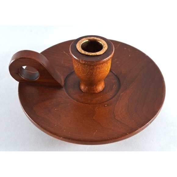 Vintage Wood Candle Holder W Finger Loop Handle Felt Bottom Colonial Pioneer - Picture 3 of 4